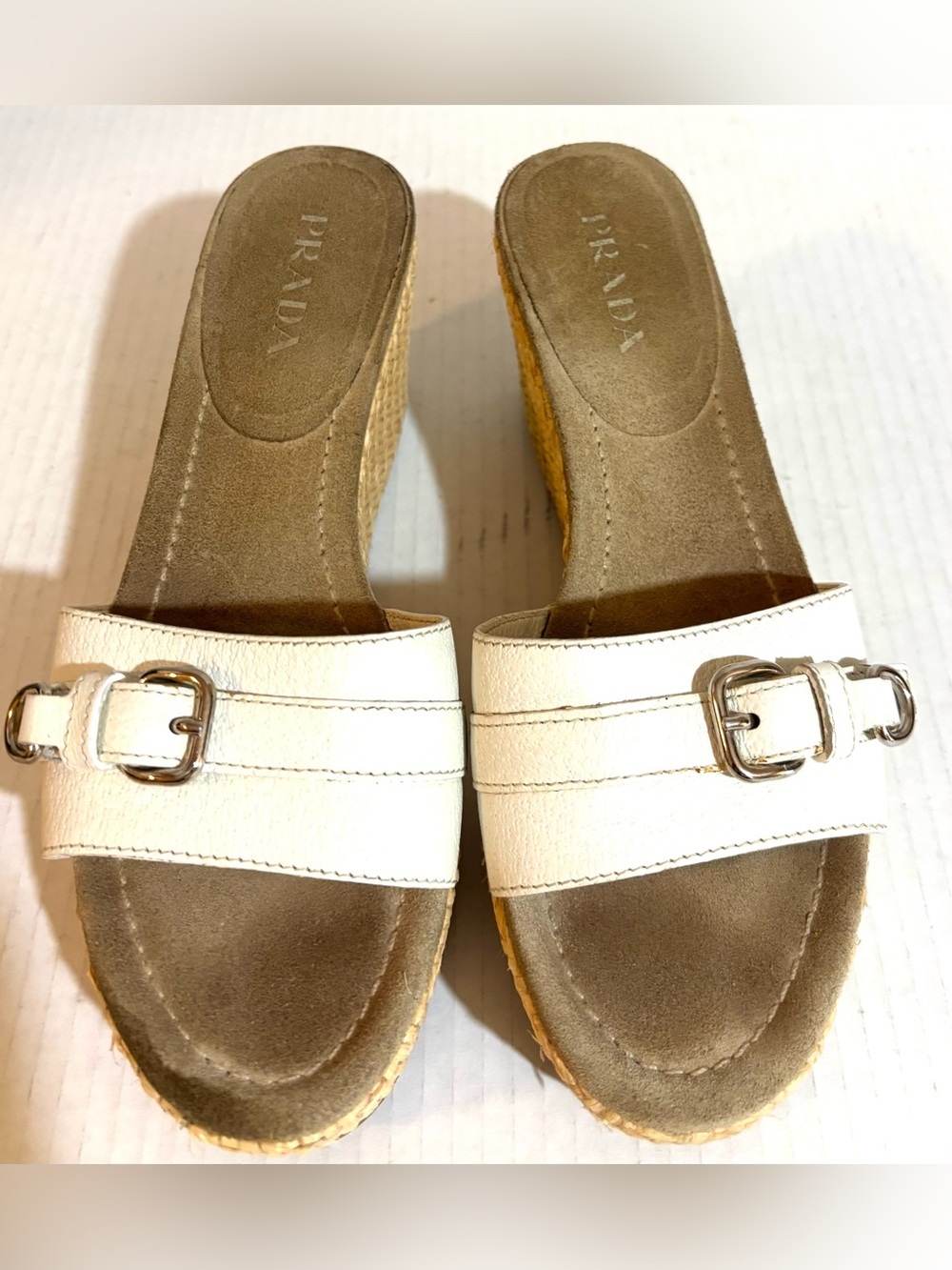 Prada Leather  suede & straw Espadrille Wedge Slides with Silver Buckles